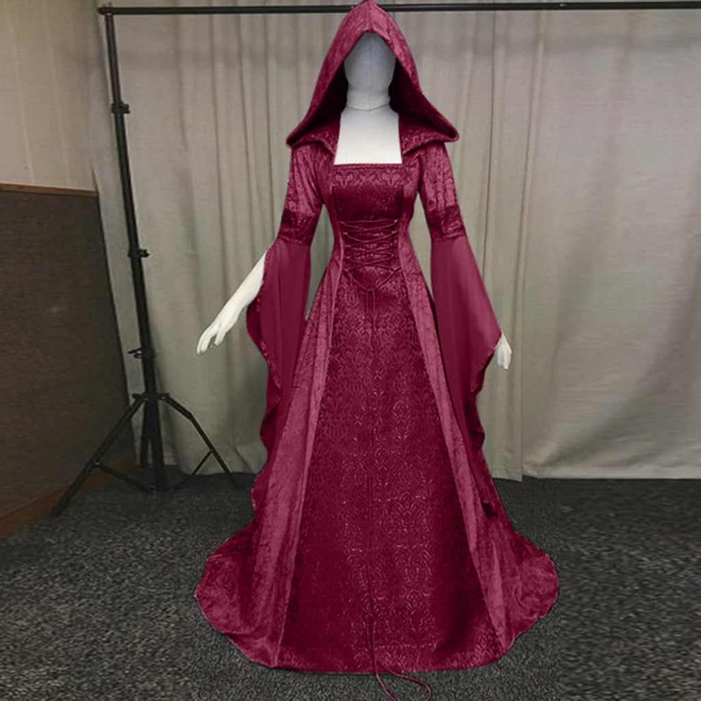 Medieval Renaissance Maxi Train Dress Women Halloween Devil Pagan Witch Wedding Costume Hooded Gown Robe Cosplay Costume