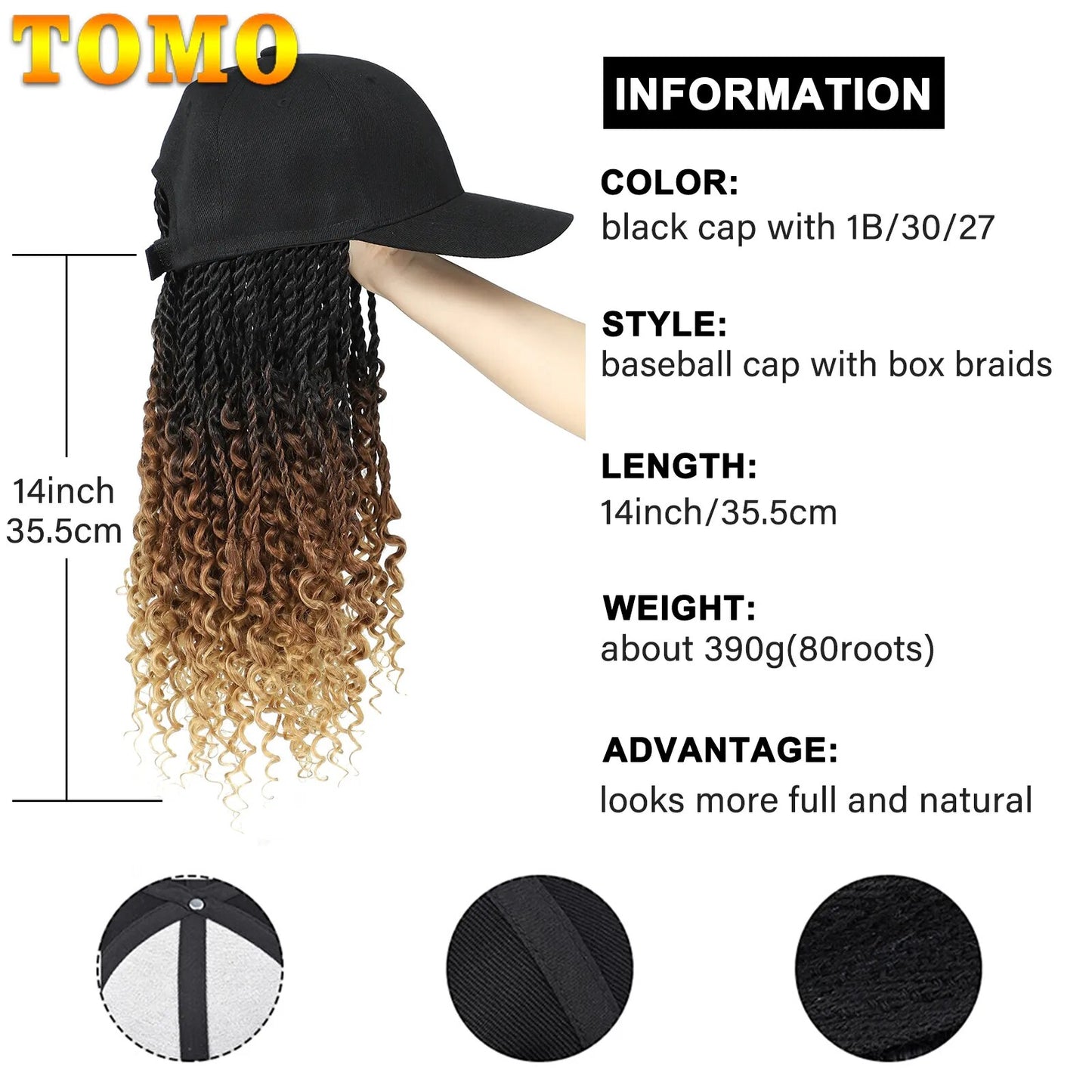 TOMO Short Synthetic Baseball Cap Wig with Senegalese Twist for Women 14Inch Daily Wear Black Hat Wig Adjustable For Girls