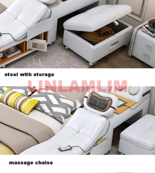 Linlamlim Genuine Leather Tech Smart Bed Multifunctional Beds Ultimate Massage Camas Upholstered Bed with Bluetooth,Speaker,USB