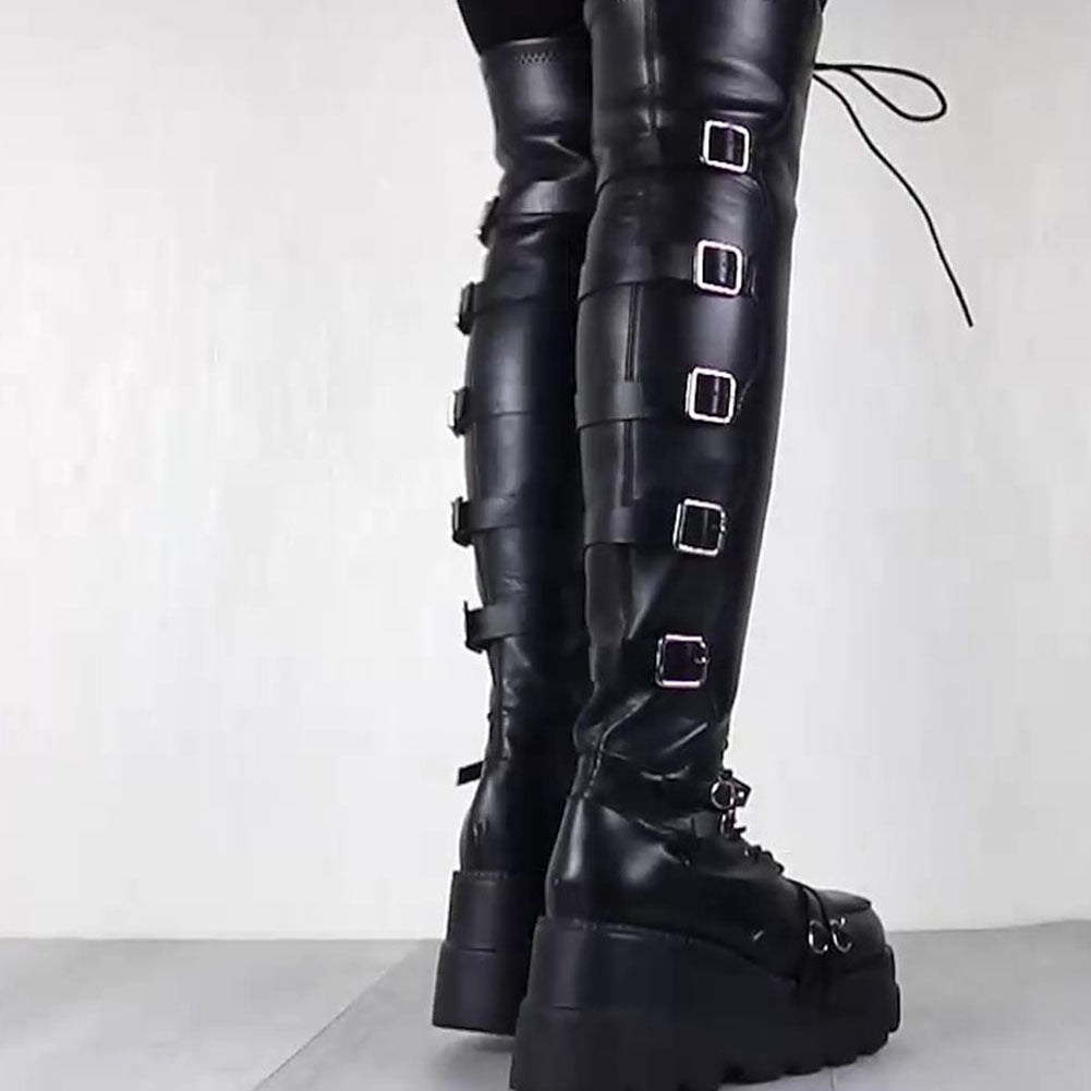 Brand Design Female High Platform Thigh High Boots Fashion Buckle Punk High Heels Boots Women Cosplay Wedges Shoes Woman