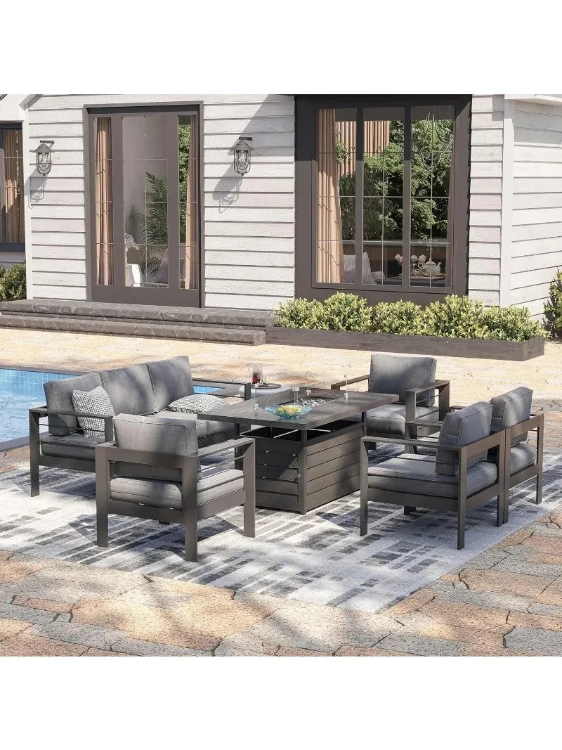 Aluminum Patio Furniture Set with Fire Pit Table, 5 Piece Metal Outdoor Furniture with Water-Resistant Cushions