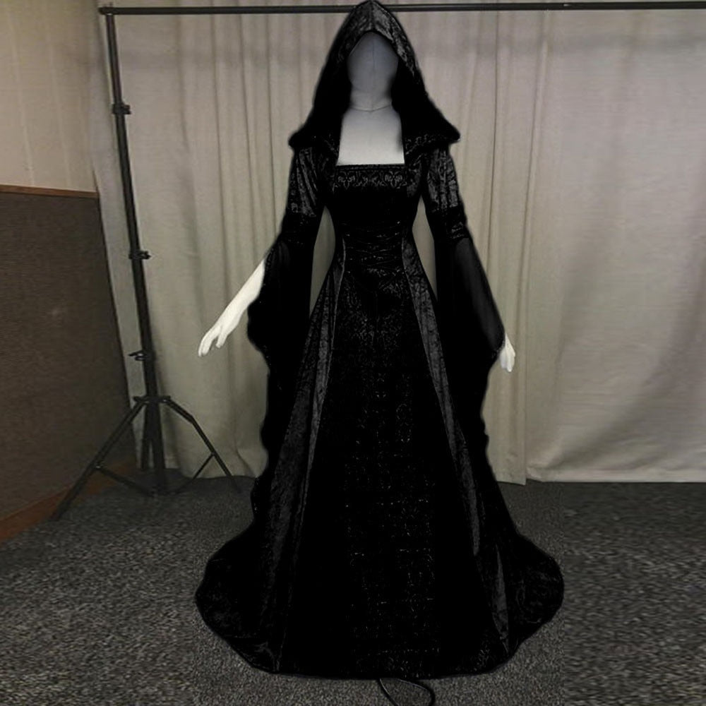 Medieval Renaissance Maxi Train Dress Women Halloween Devil Pagan Witch Wedding Costume Hooded Gown Robe Cosplay Costume