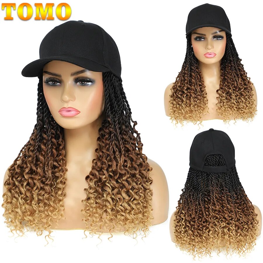 TOMO Short Synthetic Baseball Cap Wig with Senegalese Twist for Women 14Inch Daily Wear Black Hat Wig Adjustable For Girls