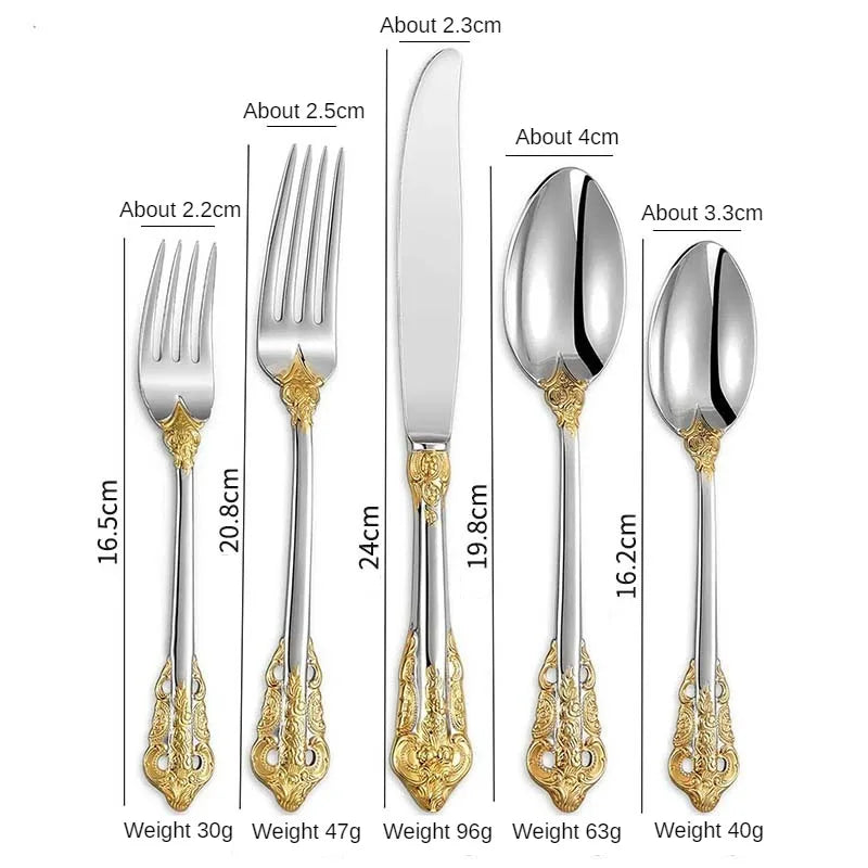 304 stainless steel Gold Cutlery Set Vintage Western Dinnerware Luxury Tableware Engraving Forks Knive Spoons Sliverware