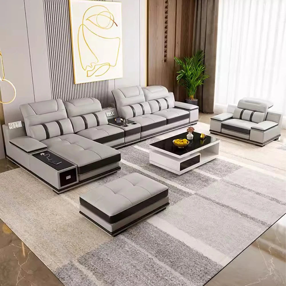 Modern Genuine Leather Sofa Living Room By Linlamlim - Stylish Italian Couch with Bluetooth Speaker, USB & Adjustable Headrests