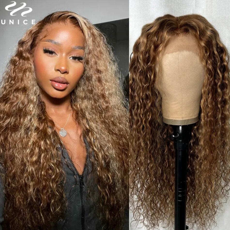 UNice Hair Mixed Brown Blonde Highlight Water Wave 13x4 Lace Front Wig Human Hair Preplucked HD Lace Wear Go Glueless Wig