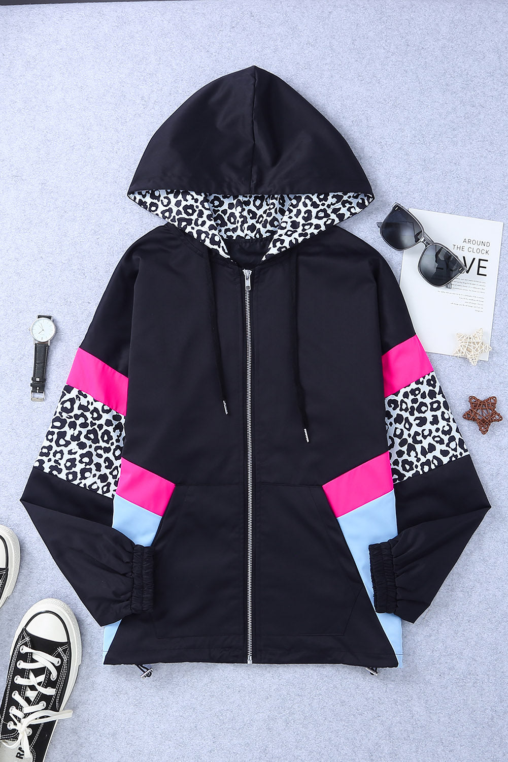 Double Take Leopard Color Block Zip-Up Hooded Jacket