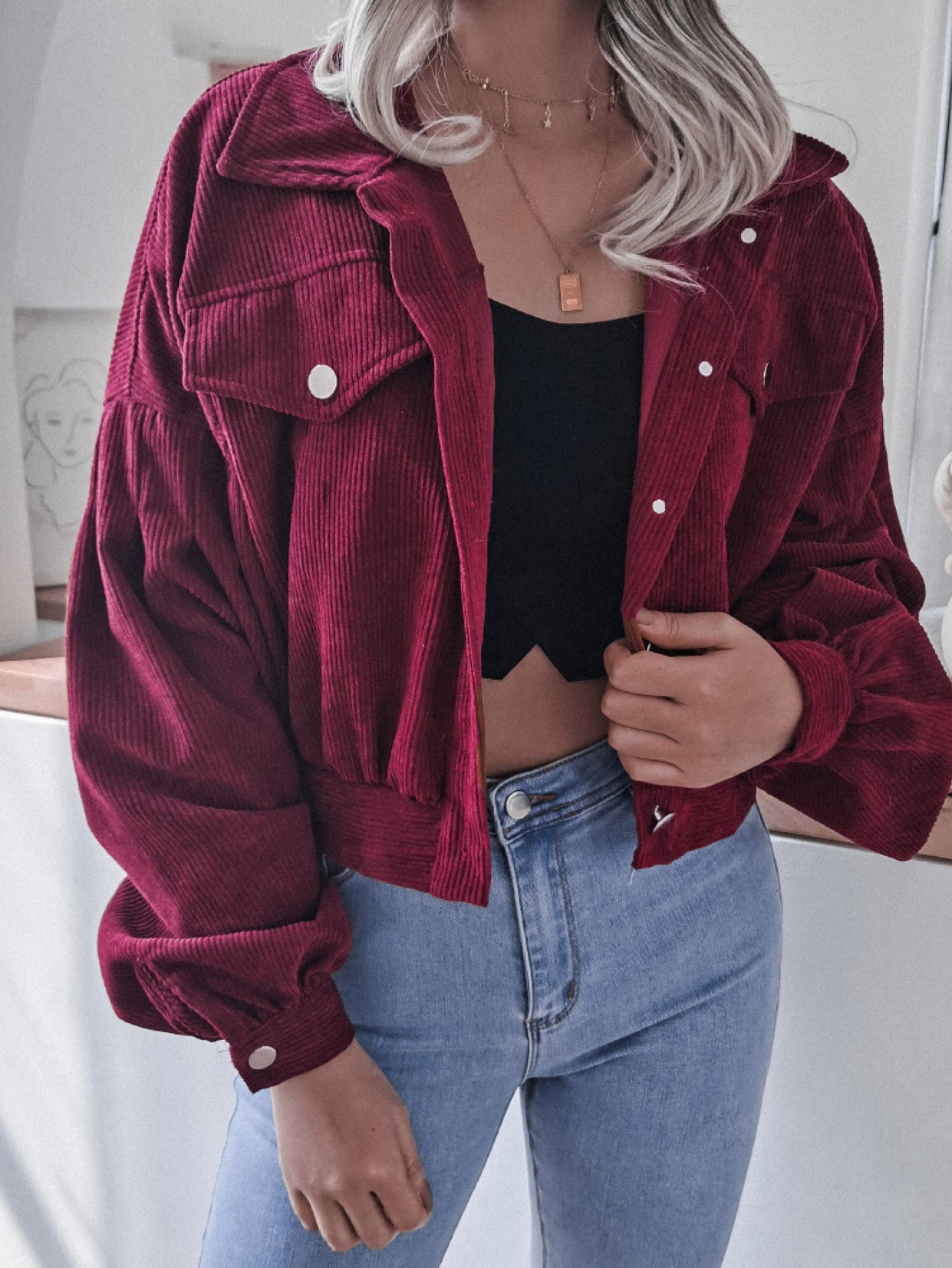 Lantern Sleeve Cropped Corduroy Jacket