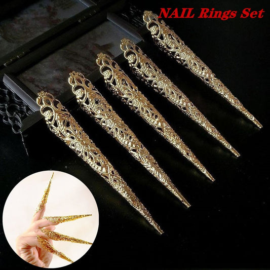 5 Pcs Ancient Costume Antique Style Queen Nail Rings Set Knuckle Finger Ring Finger Tip Protection Belly Dance Accessories