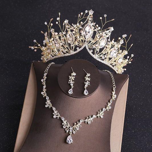 KMVEXO Costume Bridal Jewelry Sets Rhinestone Crystal Gold Color Tiara Crown Earrings Necklace Wedding Bride Luxury Jewelry Set