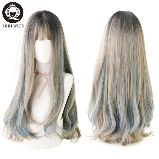 7JHH WIGS Layer Blue Brown Black LOLITA Wigs With Bangs Long Straight Omber Purple Noble Wigs For Women Fashion Cosplay Wig