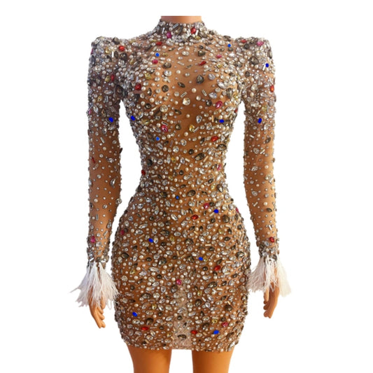 Sparkly Colorful Rhinestones Transparent Dress Prom Evening Sexy See Through Multicolor Crystals Costume Birthday Fether Sleeves