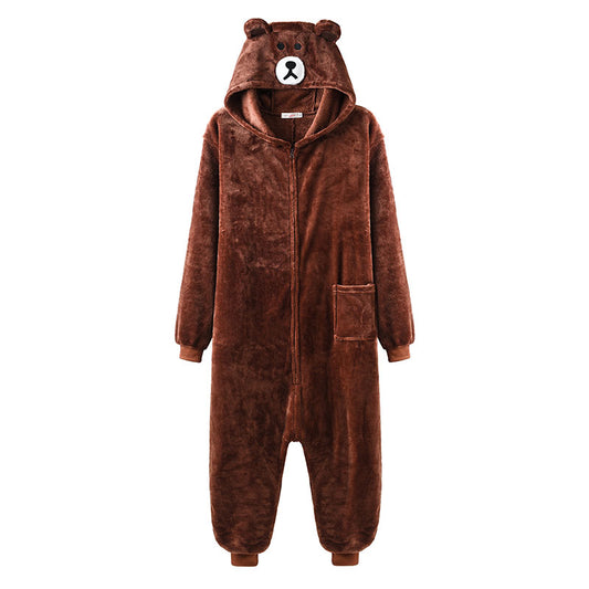 Unisex Bear Kigurumis Zipper Animal Onesie Women Men Adult Couple Funny Jumpsuit Flannel Warm Soft Cartoon Winter Sleepwear