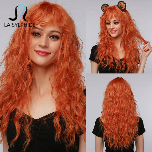 La Sylphide HalloWeen Cosplay Party Wig Long Body Wave Orange Synthetic Hair Wigs With Bangs for Woman Cute Wigs Heat Resistant