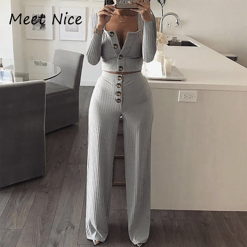 Ribbed 2 Two Piece Set Women's Sets conjunto feminino Women Crop Tops and Pants Suit Long Sleeve Casual Short Top Clubwear Sets