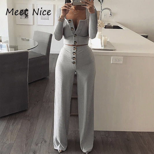 Ribbed 2 Two Piece Set Women's Sets conjunto feminino Women Crop Tops and Pants Suit Long Sleeve Casual Short Top Clubwear Sets