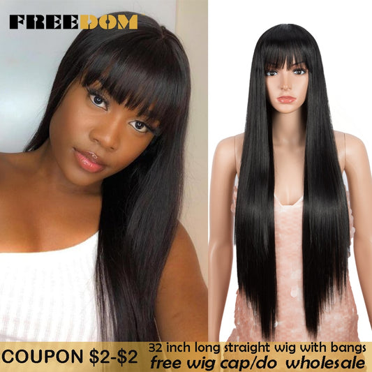 FREEDOM Long Straight Wig With Bangs Synthetic Wigs For Women White Purple Ombre Wig Heat Resistant Fiber Cosplay Wigs