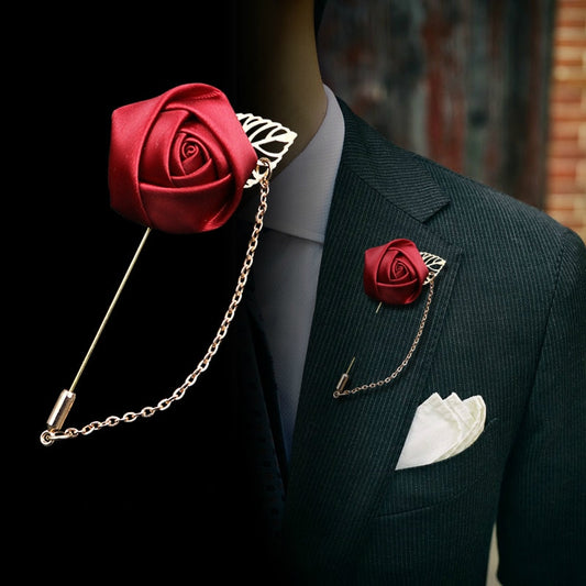 Rose Leaf Fabric Flower Simple Chain Pins Brooches Men's Suit Collar Lapel Brooch Pin Men Wedding Banquet Korean Fashion Jewelry