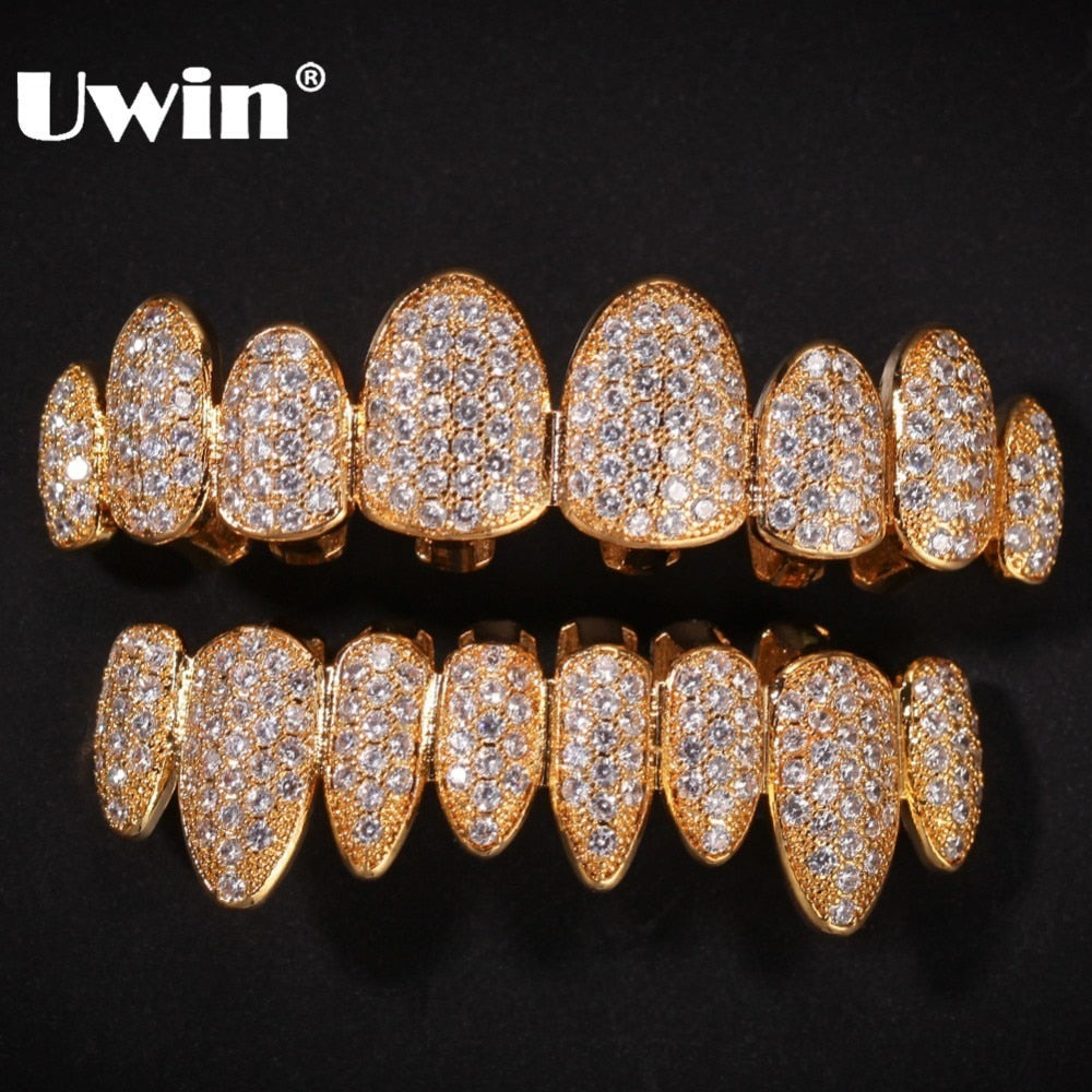 UWIN Cubic Zirconia Grills Set Silver Color Teeth Grills Hiphop Halloween Iced Out Top&Bottom Dental Grills Body Jewelry