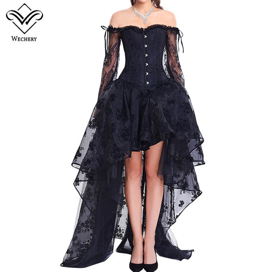 Wechery Women Steampunk Corset Sets Sexy Long Sleeve Lace Corselet Dress For Party Wedding Out of Shoulder Bustiers Korset Suit