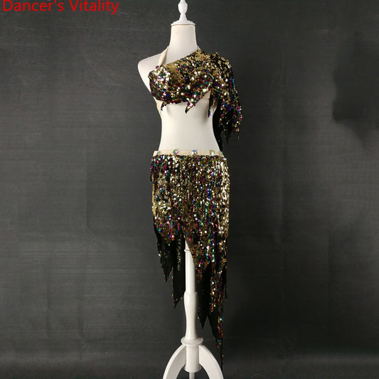 Customized Belly Dance Practice Clothes Sequin Single Shoulder Bra Short Skirt Oriental Indian Dance Wear Performance Costume