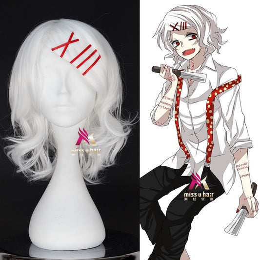 Anime Tokyo Ghoul Juzo Suzuya Juuzou Pure White Heat Resistant Cosplay Costume Wig + 5 Red Hairpins+wig cap