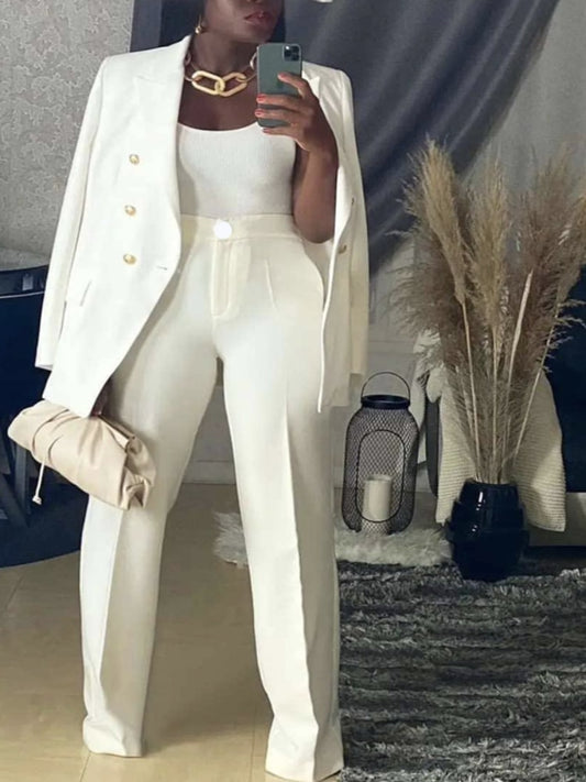 AOMEI Elegant Women Blazer Sets Buttons White Wide Leg Pant Suits Autumn Fashion Casual Professional Office Business Outfits New