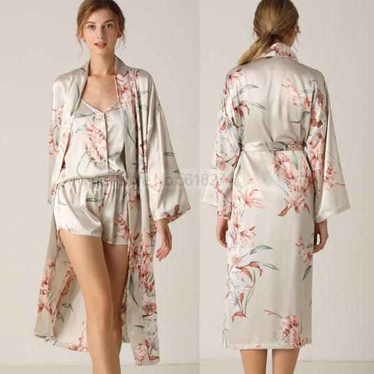 Print Flower Nighty&Robe Suit Sleepwear Sexy Satin Kimono Gown Women Bathrobe Intimate Lingerie Nightwear Silky Nightgown