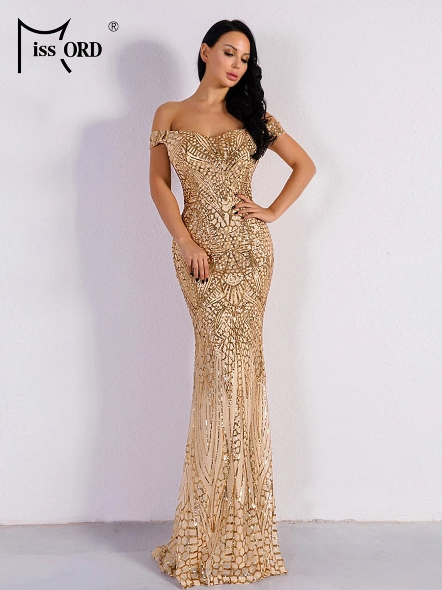 Missord Gold Long Evening Party Dress Women Off Shoulder Sequin Backless Bodycon Wedding Prom Maxi Dresses Elegant Ladies Gown