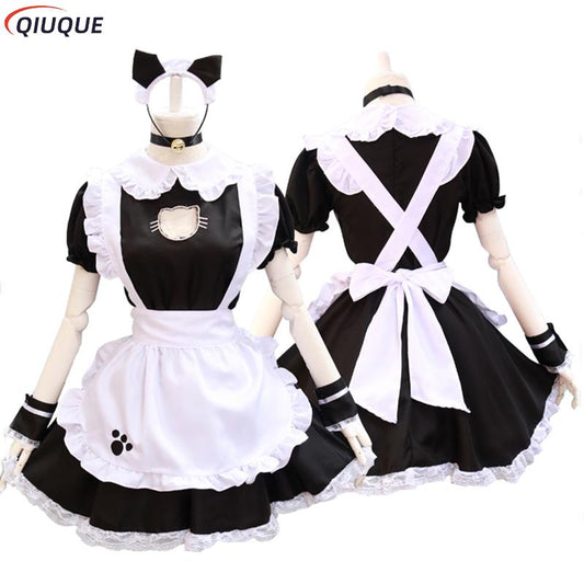 Black Lolita Dresses Maid Outfit Cute Cat Cosplay Costume Women Suit Apron Dress Halloween Costumes