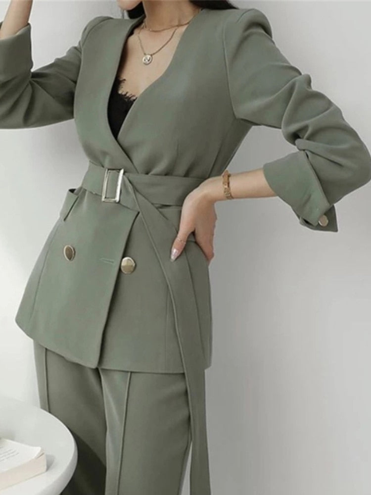 Spring And Autumn Women's Office Suit V-Neck Green Two-Piece Sets Female Blazer Girly Elegant Temperament Pantsuit Setup Ladies