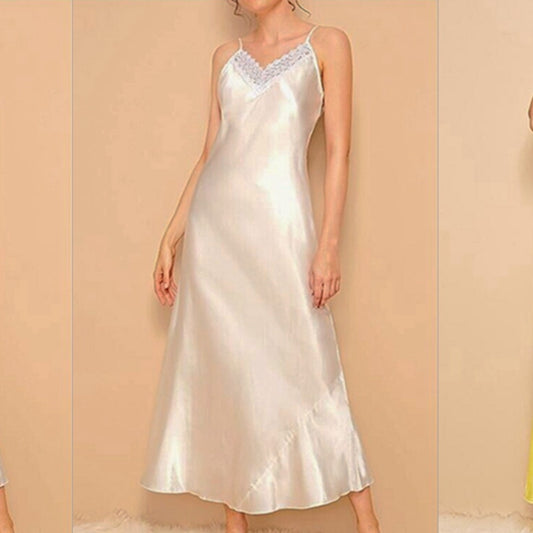 Sexy Lace Sleepwear Silk Women Long Gowns Sling Nightgown V-neck Nightdress Satin Lingerie Nightwear White Wedding Max Dresses