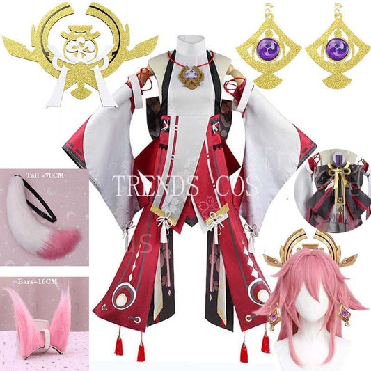 Genshin Impact Yae Miko Cosplay Costume Guuji Yae Fancy Outfits Guuji Full Set Guuji Yae Dress Wig Headwear Ears Tail Game Suit